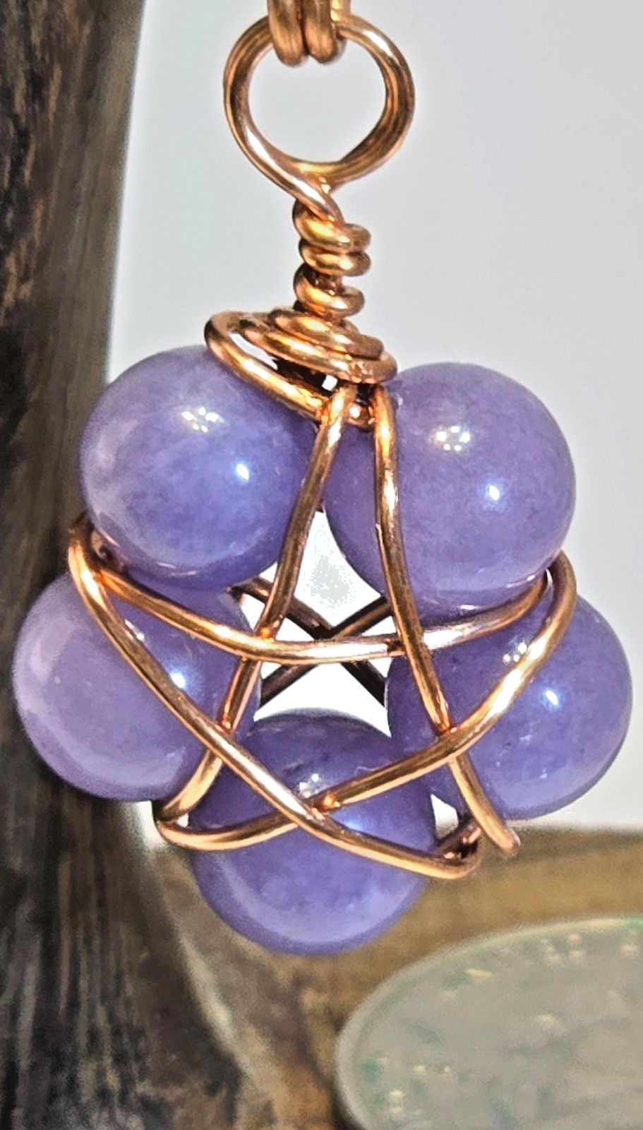 Copper Wire Wrapped 5-Point Star Pendant with 8mm Tanzanite & Amethyst Chip