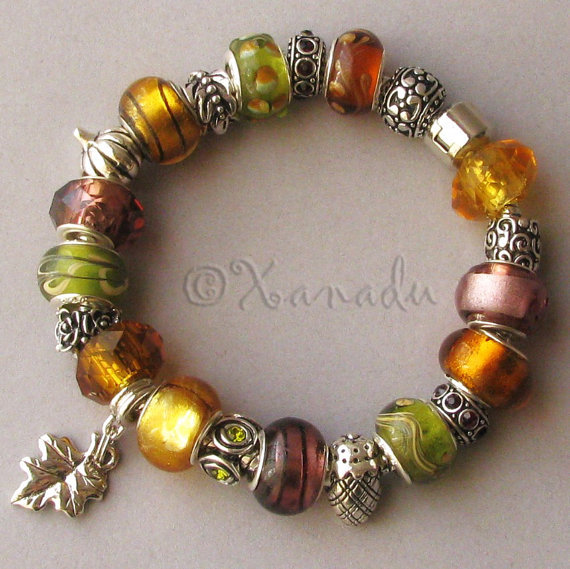 Golden Autumn European Style Charm Bracelet – Gold Green Amber Fall Themed Beads