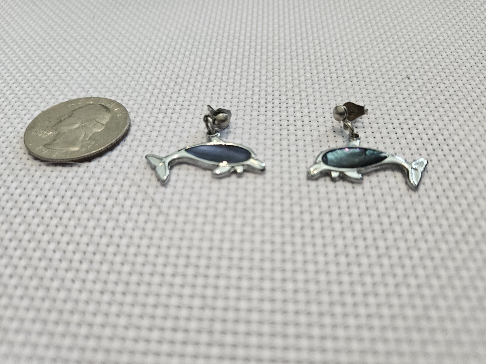 Silver Tone Dolphin Abalone Shell Inlay Dangle Earrings Ocean Beach Nautical Jew