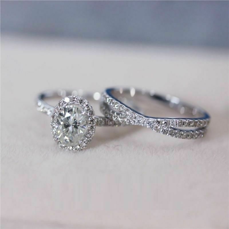 1.90CT White Oval Cut CZ Halo Wedding Ring Set In Solid 925 Sterling Silver