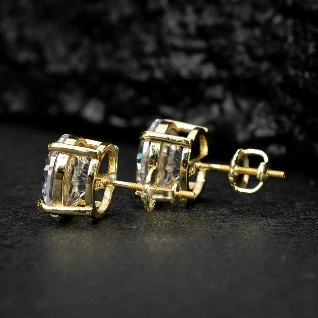 2ct Round Real Moissanite Wedding Stud Earrings For Man 14k Yellow Gold Plated