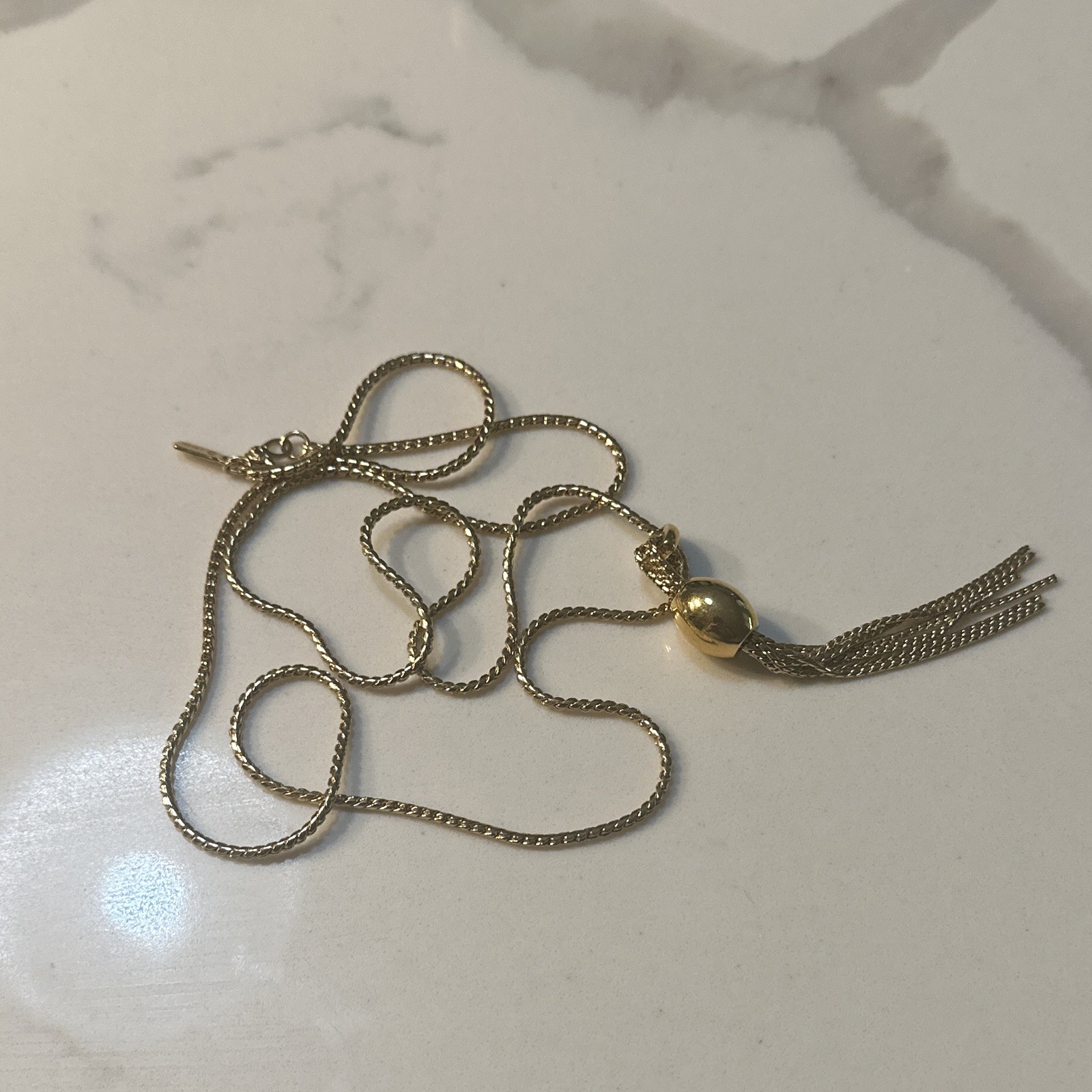 Monet Gold Tone Metal Box Chain Necklace, Tassel Pendant, No Stone, Lobster