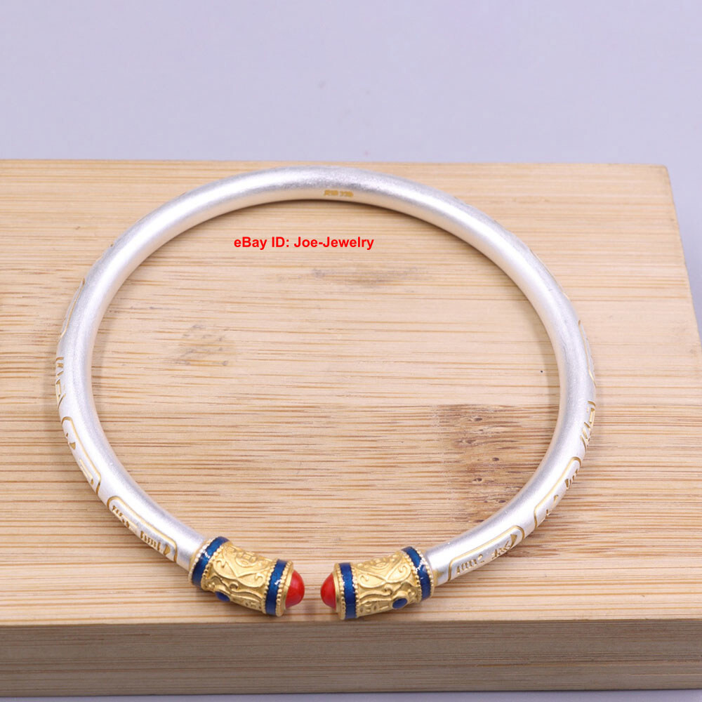 Pure Fine Silver S999 Women’s Open Bangle Fit Wrist 2.36inch Golden Lucky Words
