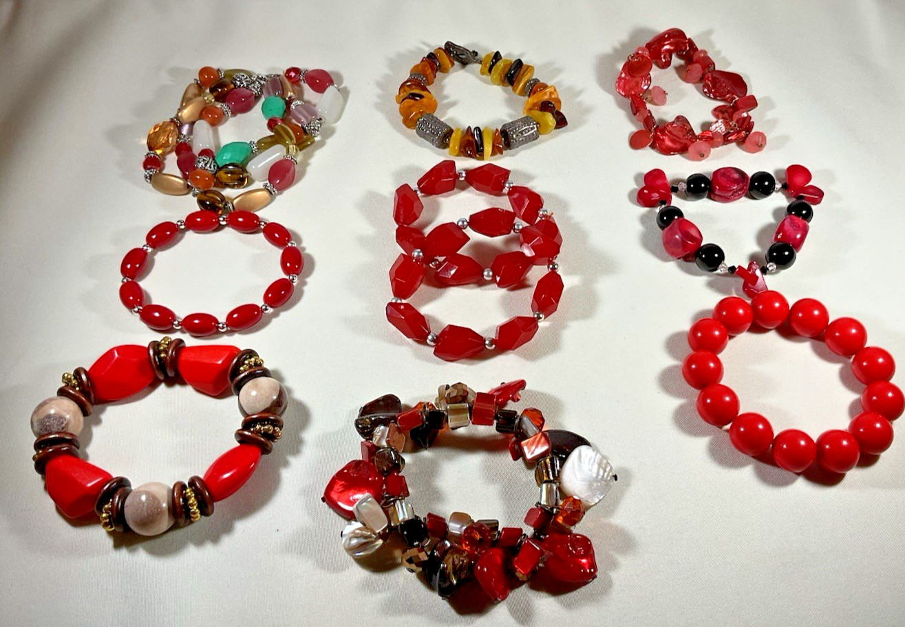 Lot 10 Stretch Bracelets Red Black Silver Tone Beaded Stackable Jewelry Classic