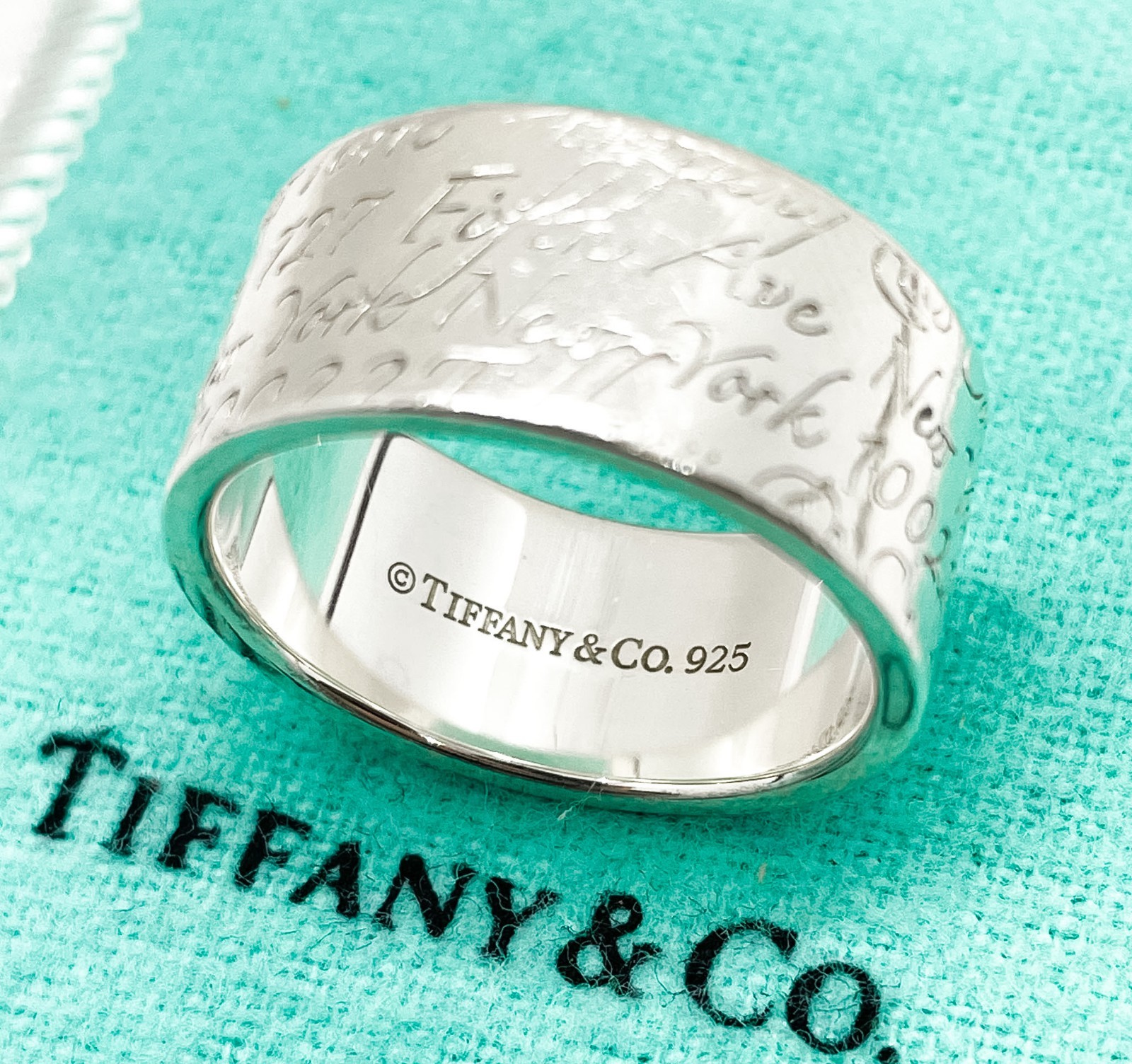 Tiffany & Co. Notes Script Fifth Avenue New York Wide Band Ring Silver Size 8.75