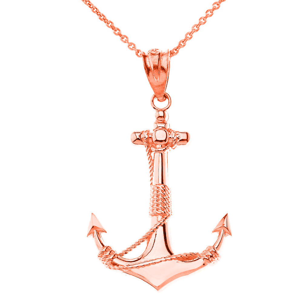 Solid Gold Nautical Anchor Rope Pendant Necklace (Yellow/Rose/White)