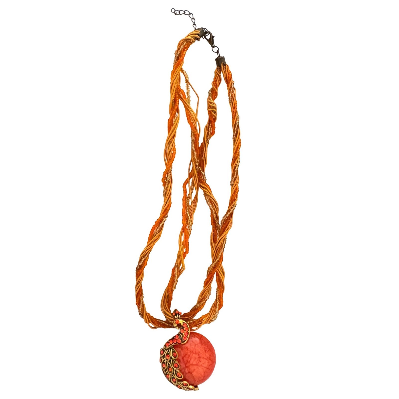 Bohemian Peacock Statement Necklace Vibrant Orange Gold Rhinestone Multi Strand
