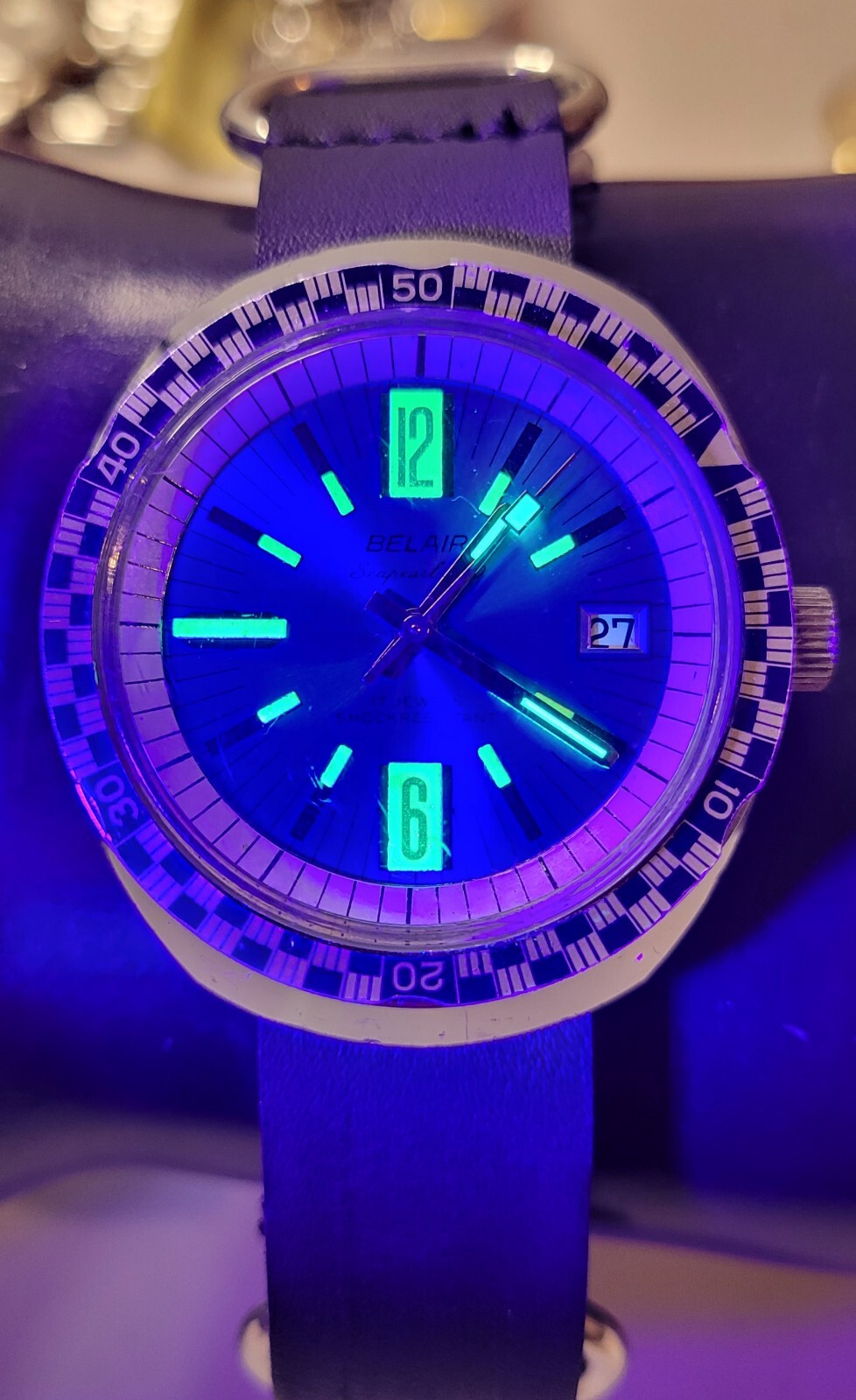 Rare BELAIR Seapearl 600 Model 1550 Blue Dial 17 Jewels Automatic Men’s Watch