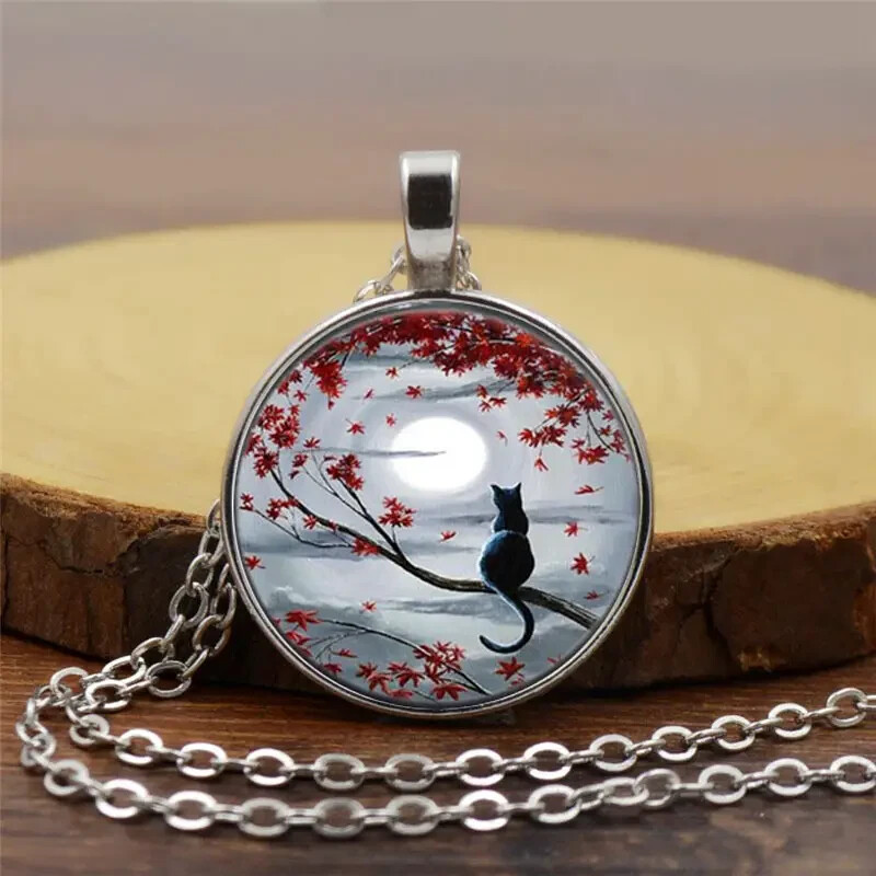 Moon Cat Fashion Pendant Necklace Time Gemstone Vintage Neck Jewelry Gift Women