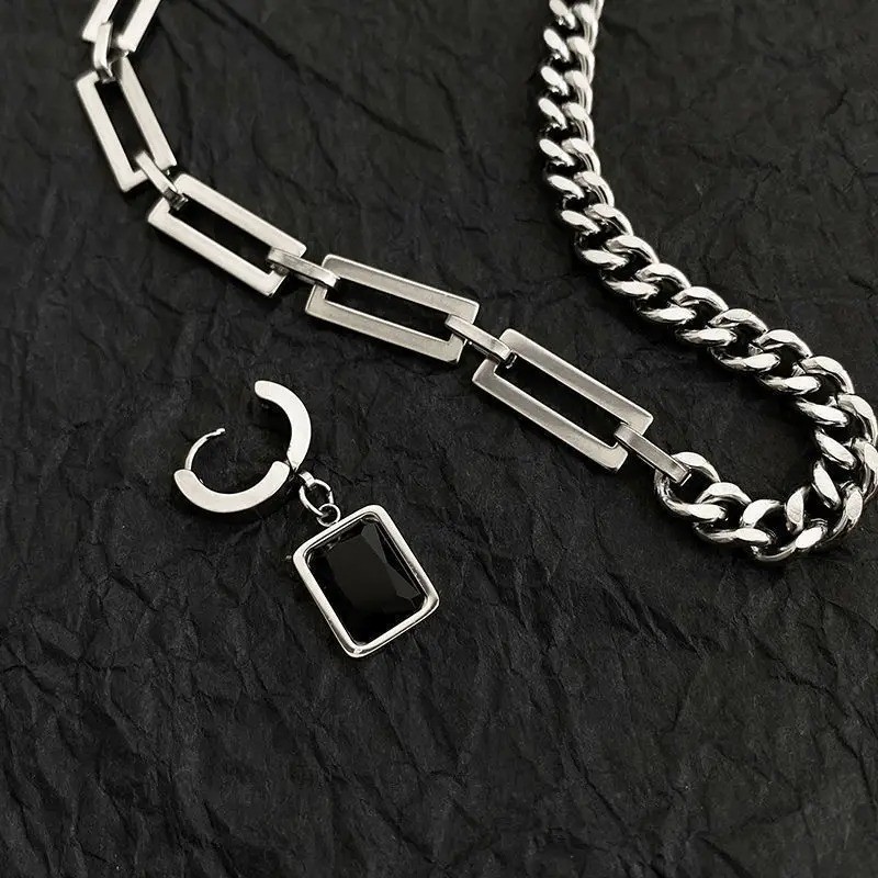 316L Stainless Steel Black Tag Pendant Necklace Curb Paperclip Chain