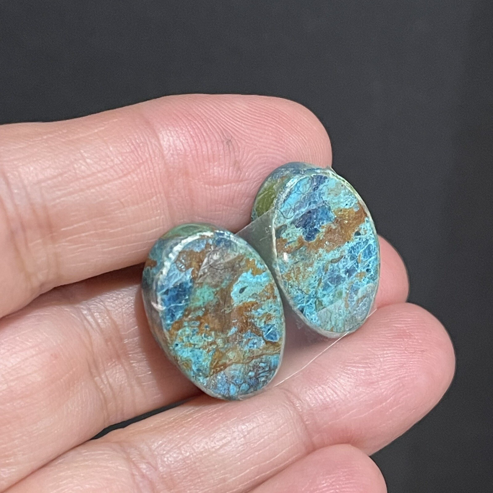 31ct 22×14.5×5.4mm Pair Of Green Blue Shattuckite Oval Cabochons Gems