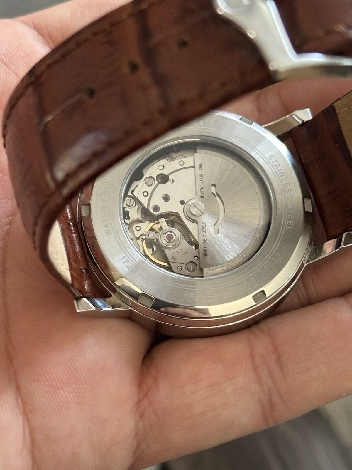 Bulova Men’s Automatic Watch Black Dial Day/Date Brown Leather 41mm Steel