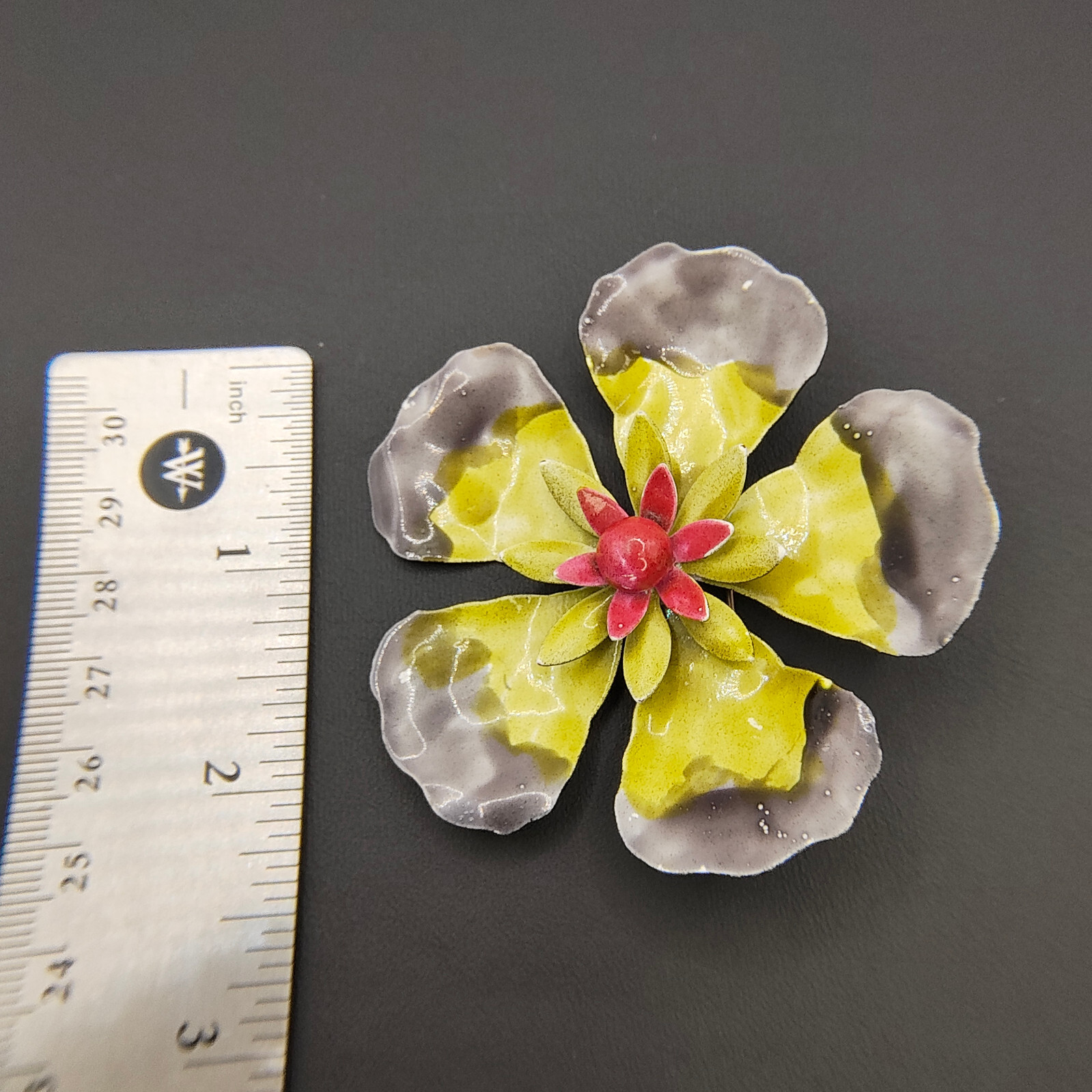 Vintage Hibiscus Flower Brooch Pin Enamel Black Gray Yellow Red 1960s-1970s MCM