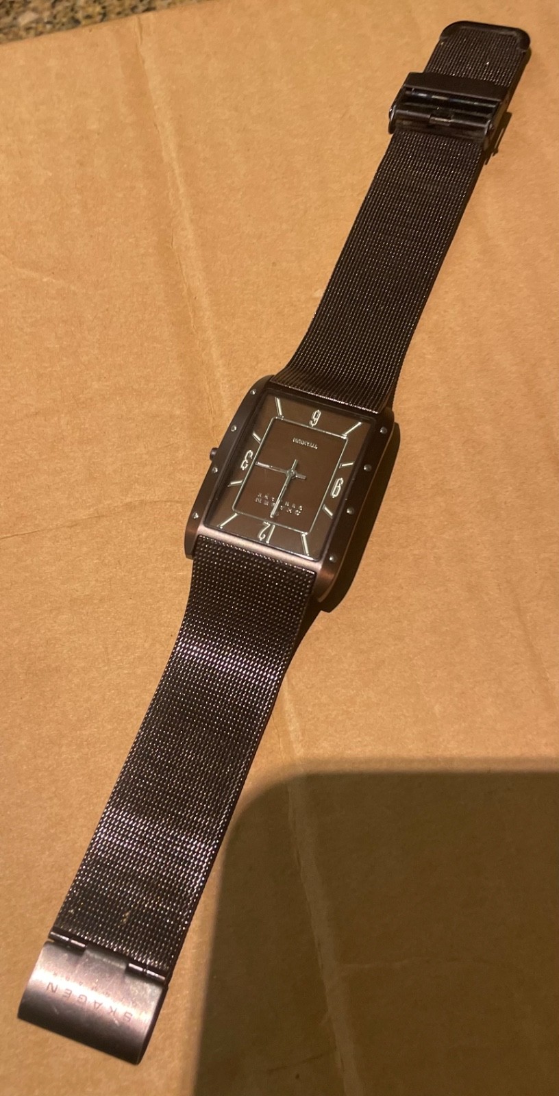 Skagen Titanium Tank Brown mesh, new batt. ultra-thin square case 338LTMD 3 atm