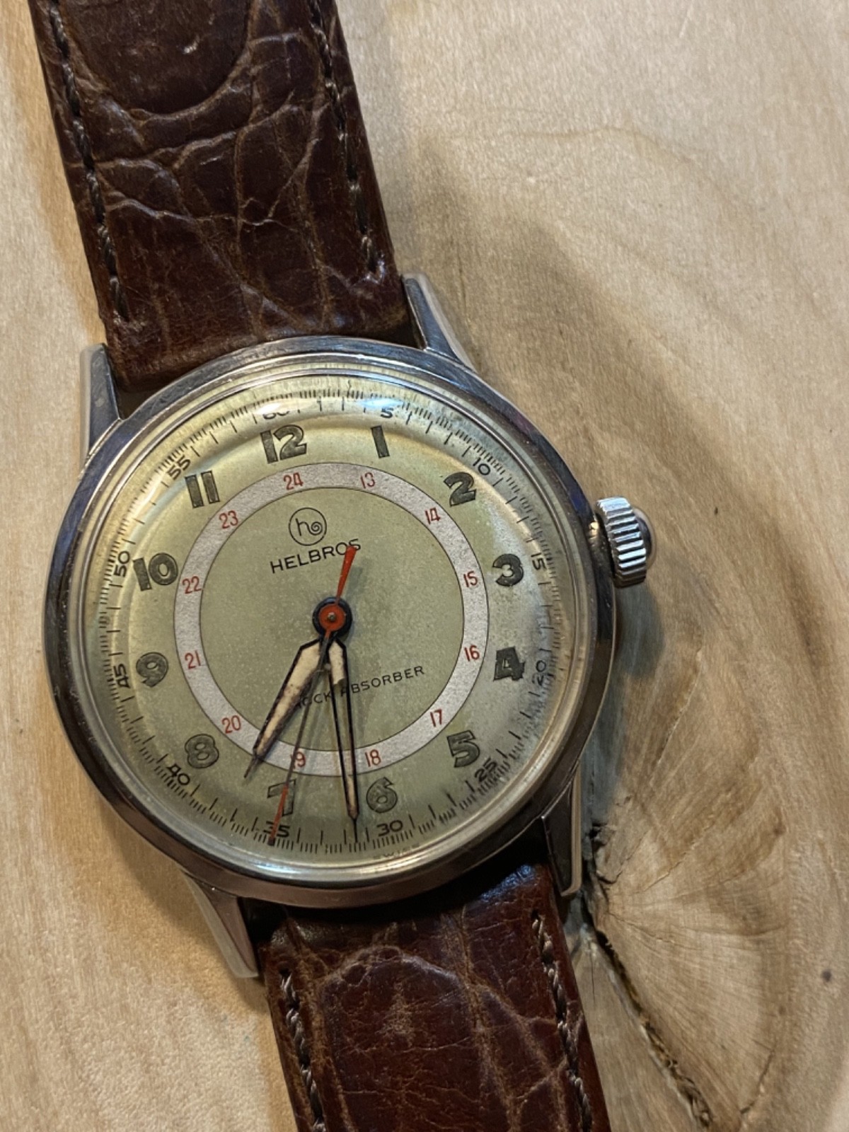 1950’s 3X Helbros ALL S.S. w/24Hr Dial- Mil. Era, Cal. 200 Timepiece & Runs!