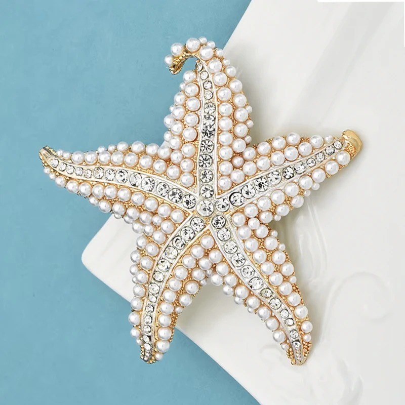 Starfish Brooch Pin Pearl Crystal Gold Nautical Ocean Jewelry Gift for Women