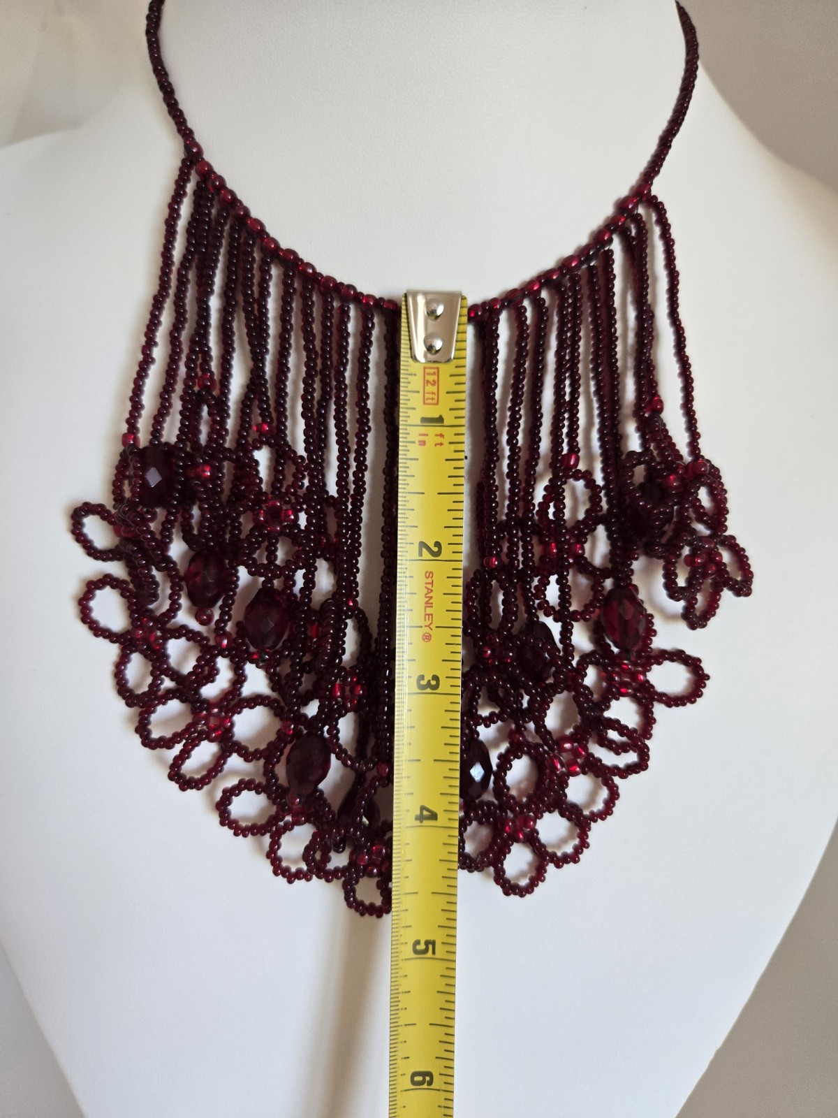 Artisan Hand Beaded Red Seed Bead Waterfall Fringe Flowers Statement Necklace