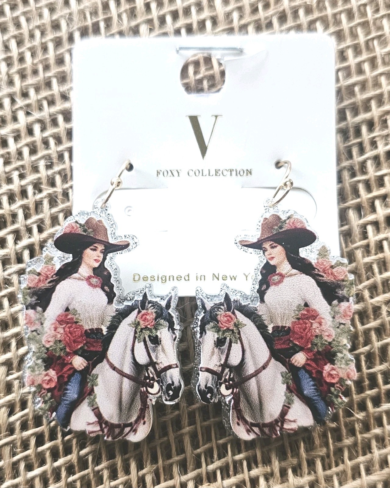 Foxy Collection Acrylic Dangle Cowgirl On Horse Earrings 2.25″ Floral Silver Gli
