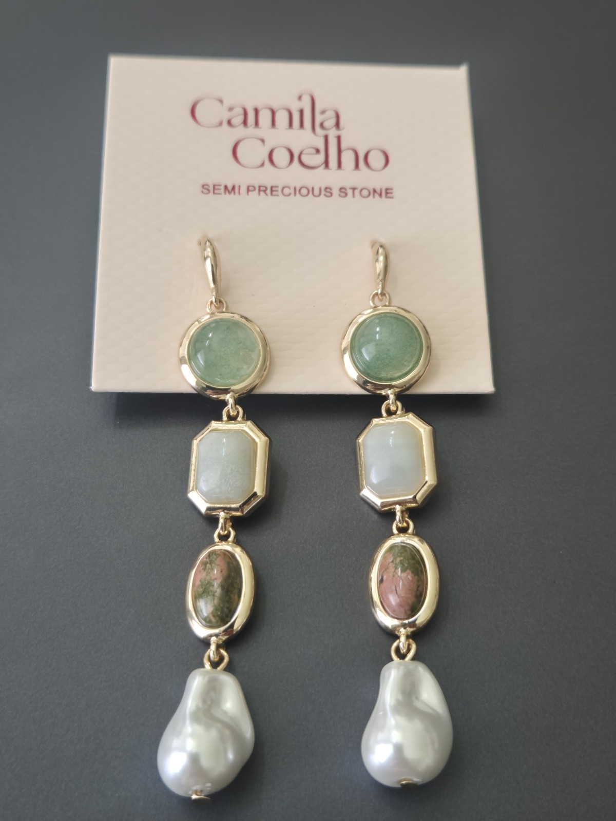 NWT Camila Coelho Pearl Drop Earrings Gold Tone Semi Precious Stones