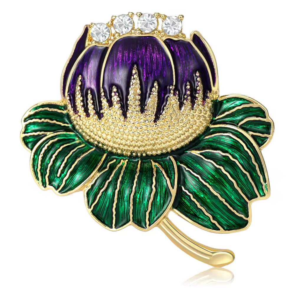 Rhinestone Purple Lotus Flower Brooch Gold Plant Pin Spring Summer Jewelry Gift
