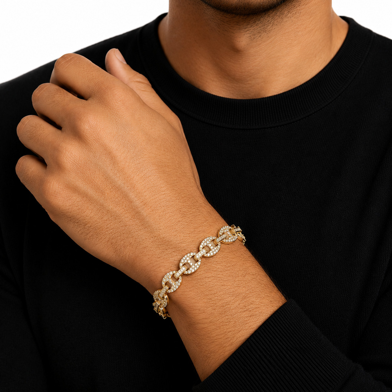 Italian 1/200 14k Yellow Gold Oro Overlay Iced CZ G Puff Link Bracelet Pulsera