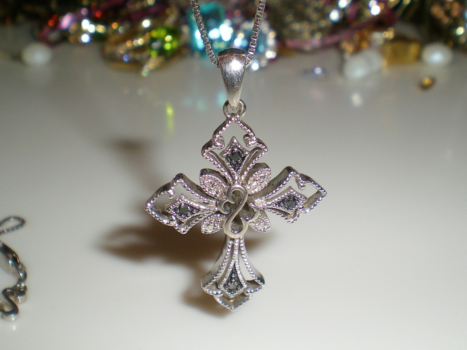 Jane Seymour SS Open Hearts Gothic CROSS 1/6ct Diamond Necklace 💎 KAY BOX 💎