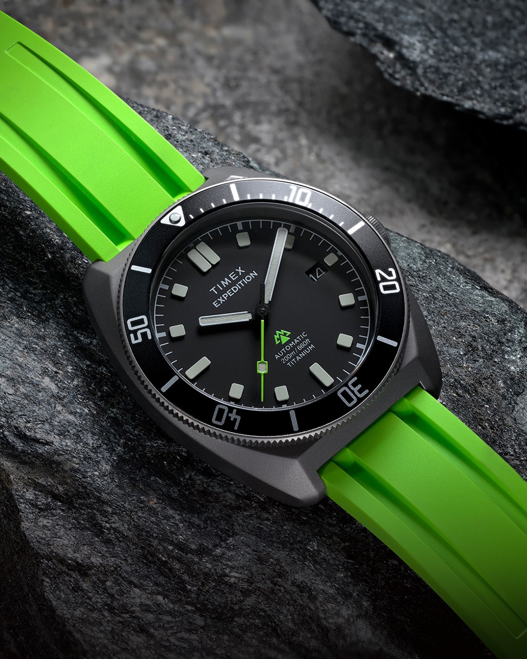 TIMEX Expedition® Pioneer Titanium Automatic 41mm HNBR Lime Green Rubber Strap