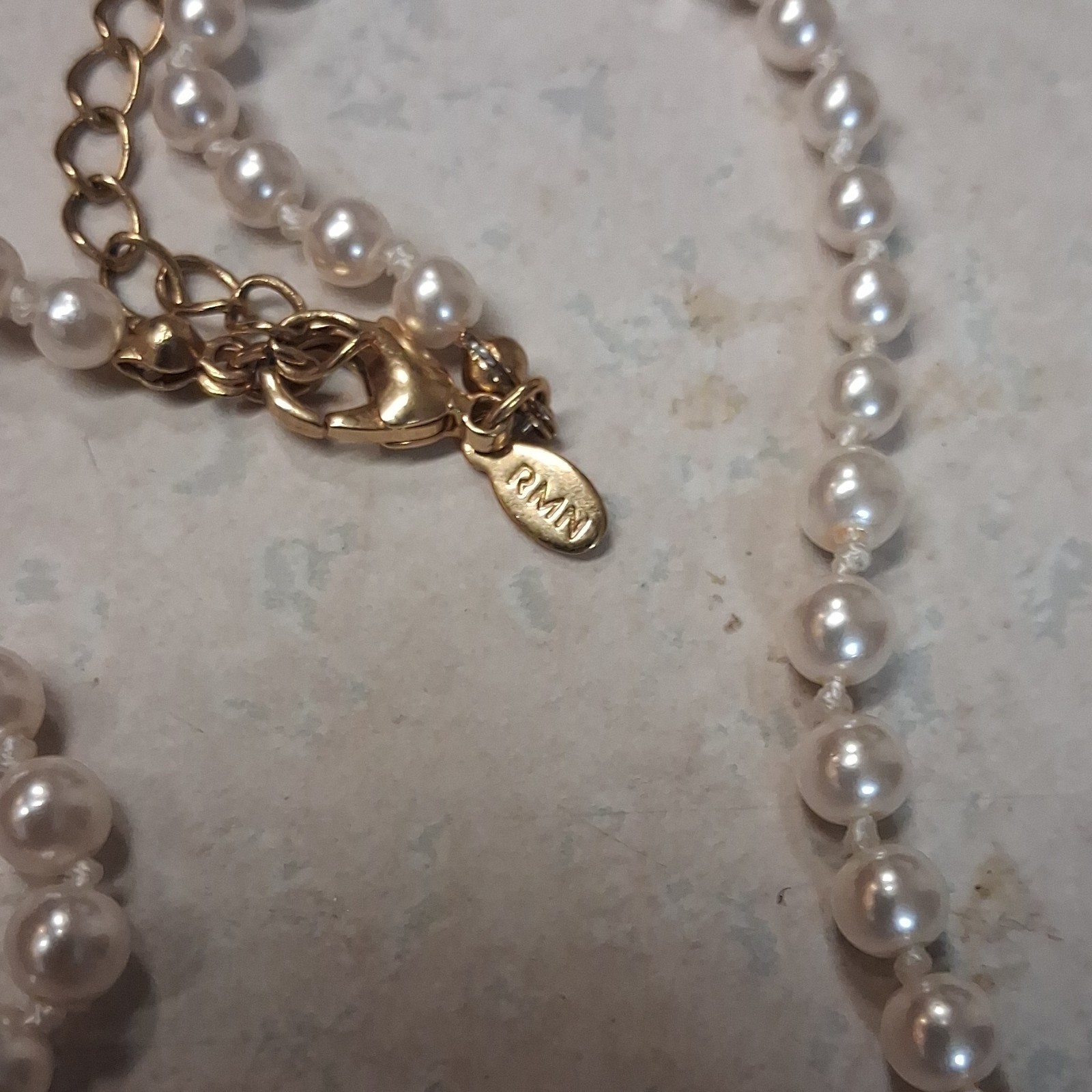 PMA White Imitation Pearl Beaded Necklace, Gold Tone, Lobster Clasp, Signed
