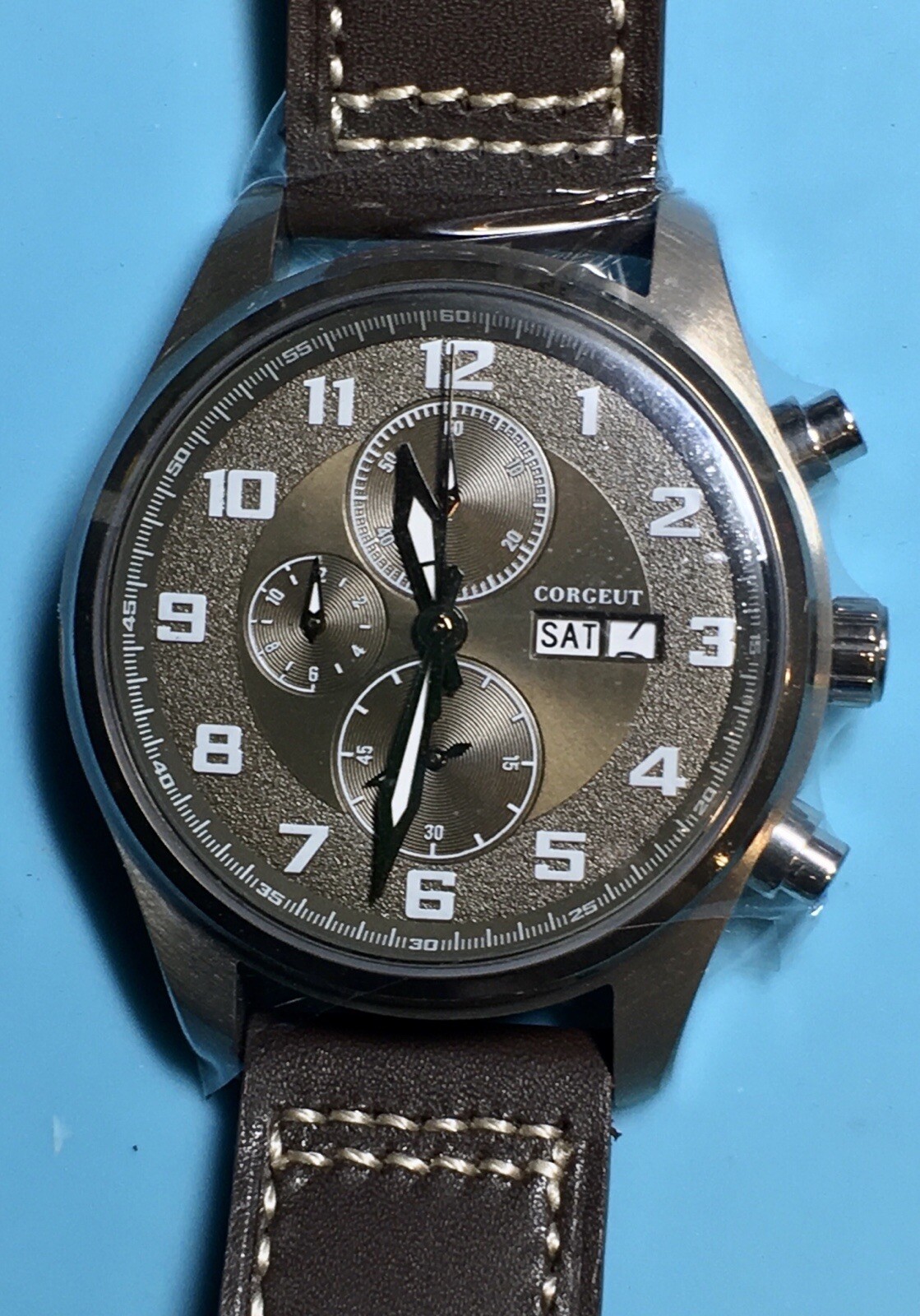 CORGEUT BRONZE DIAL CHRONO WATCH STAINLESS STEEL DAY DATE QUARTZ PILOT WATCH NEW