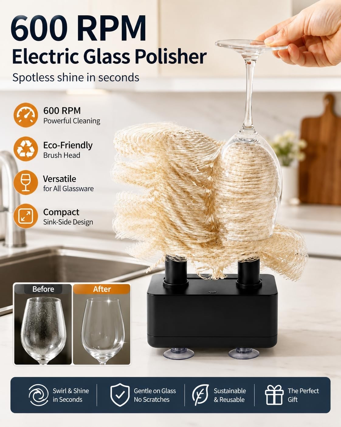Eco-Friendly Wine Glass Cleaner Polisher Machine for Home Kitchen – 600 RPM Wash
