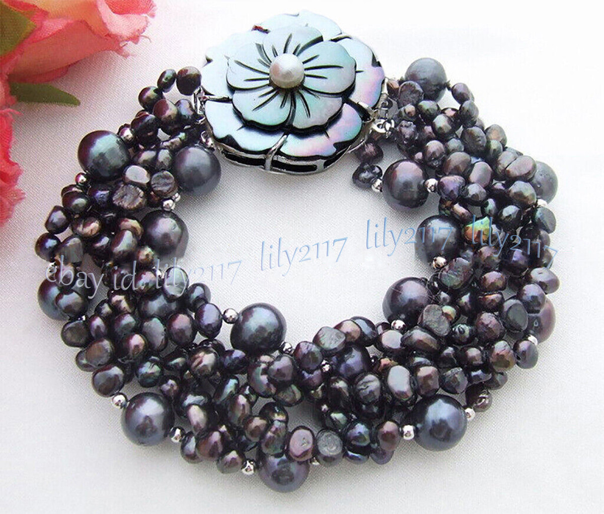 6 Strands Natural Black Freshwater Baroque Pearl Bracelet 8 inch Shell Clasp