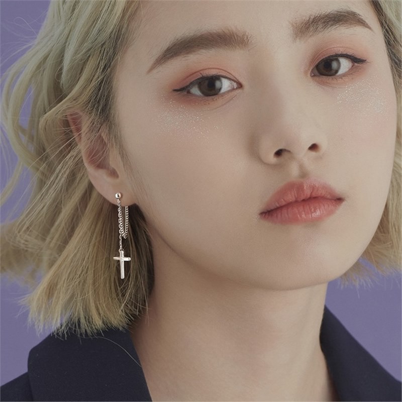 Women 925 Sterling silver Cross Drop Dangle Hanging Chain Stud Earrings Gift D26