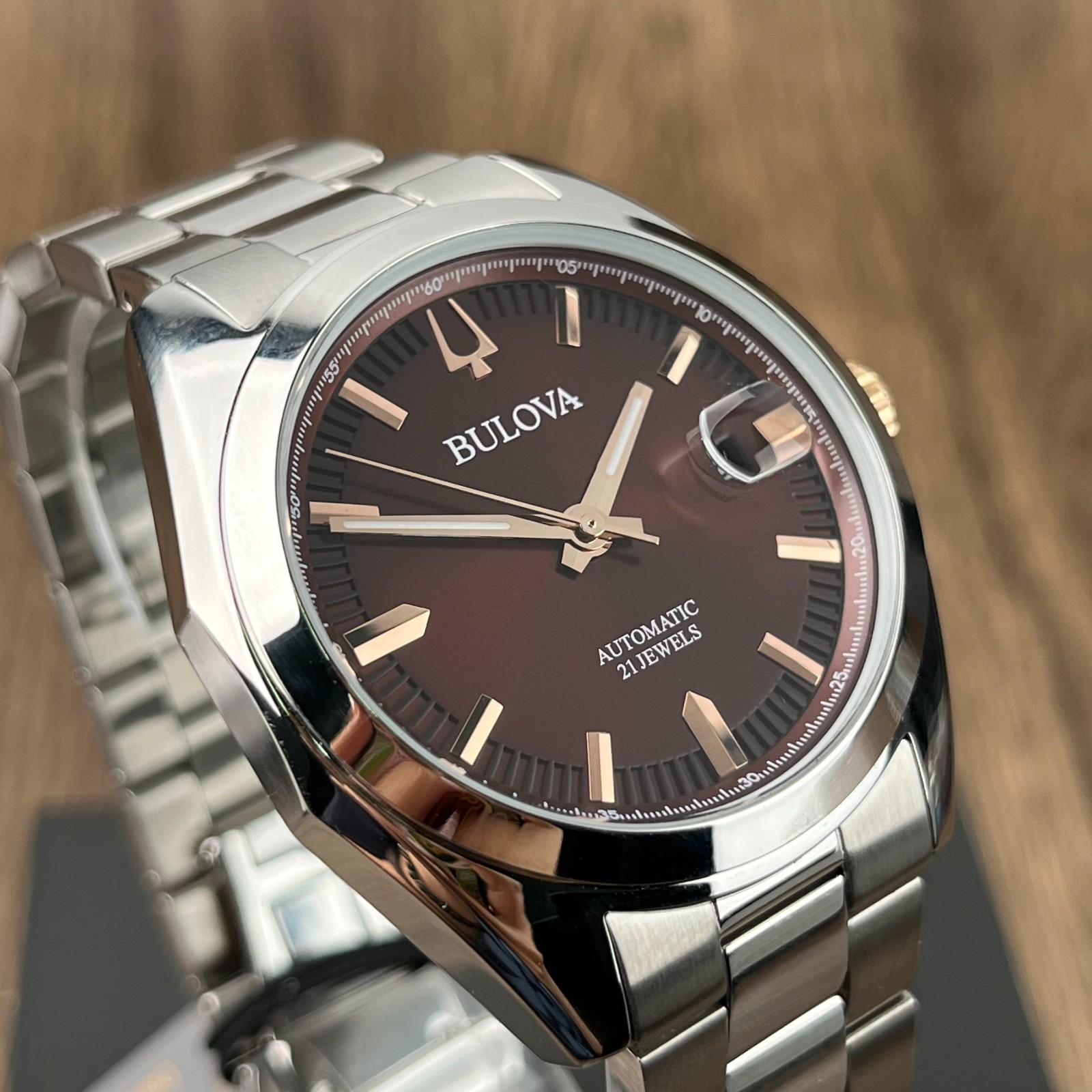 Bulova Surveyor Amber red Dial Stainless Steel Automatic Men’s Watch 98B422