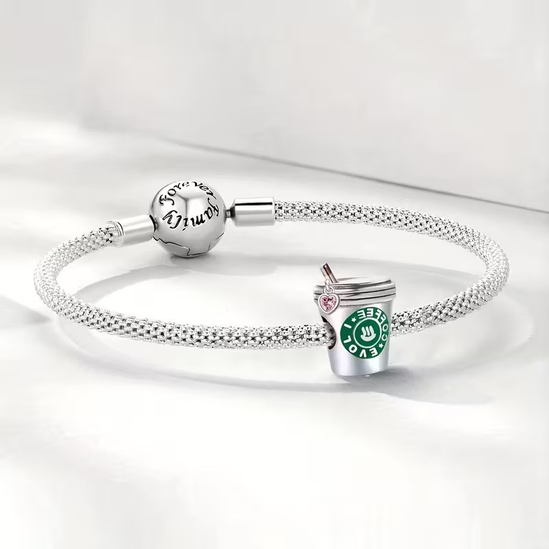 Coffee Cup with pink heart Bead Charm Sterling Silver S925 Hallmarked