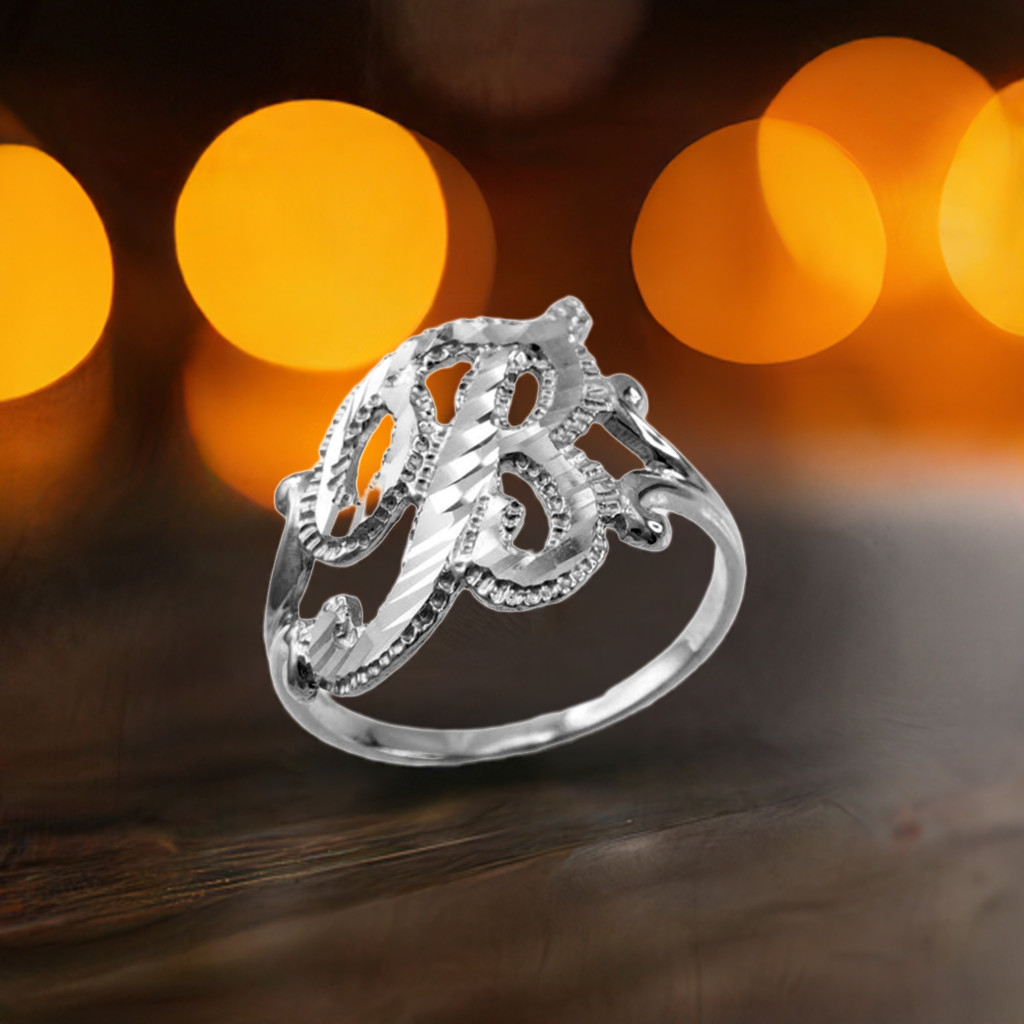 Elegant Sterling Silver Sparkle-Cut Cursive Letter Initial Script Ring for Women