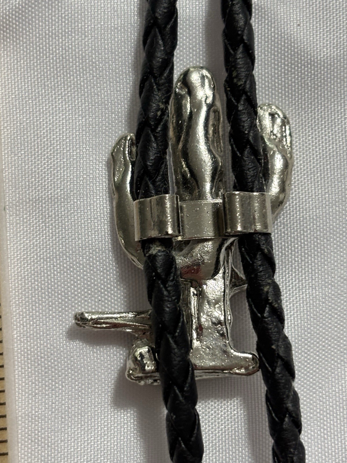 Black Leather Bolo Tie Silver Tone Saguaro Cactus Slide Western 36 in