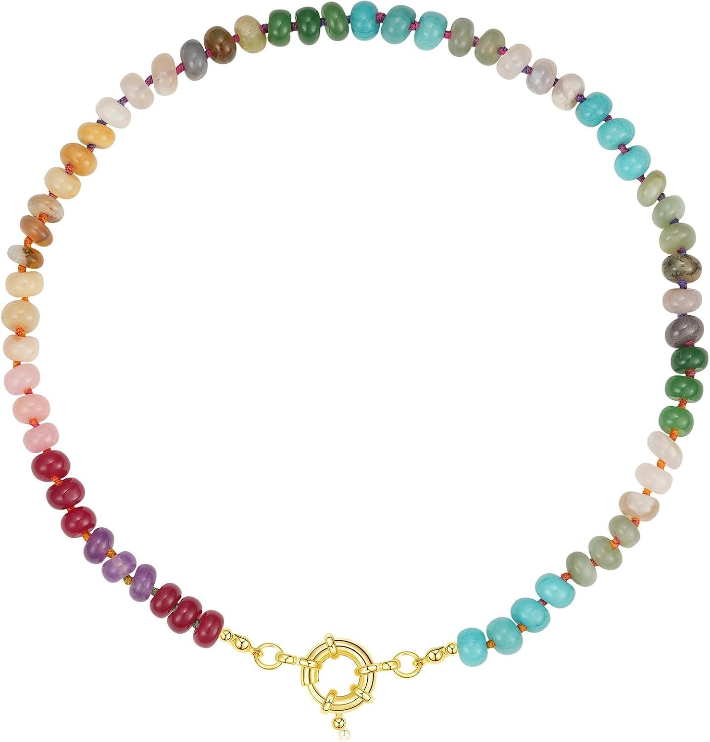 Unique Rainbow Beaded Necklace 17” – Handmade Natural Stone Choker for Summer