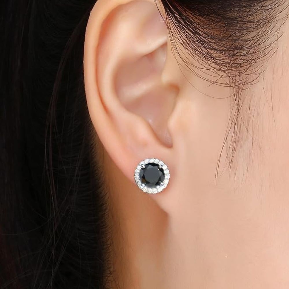 Women’s 925 Sterling Silver Black Round Cubic Zirconia HALO Studs Earrings 8mm