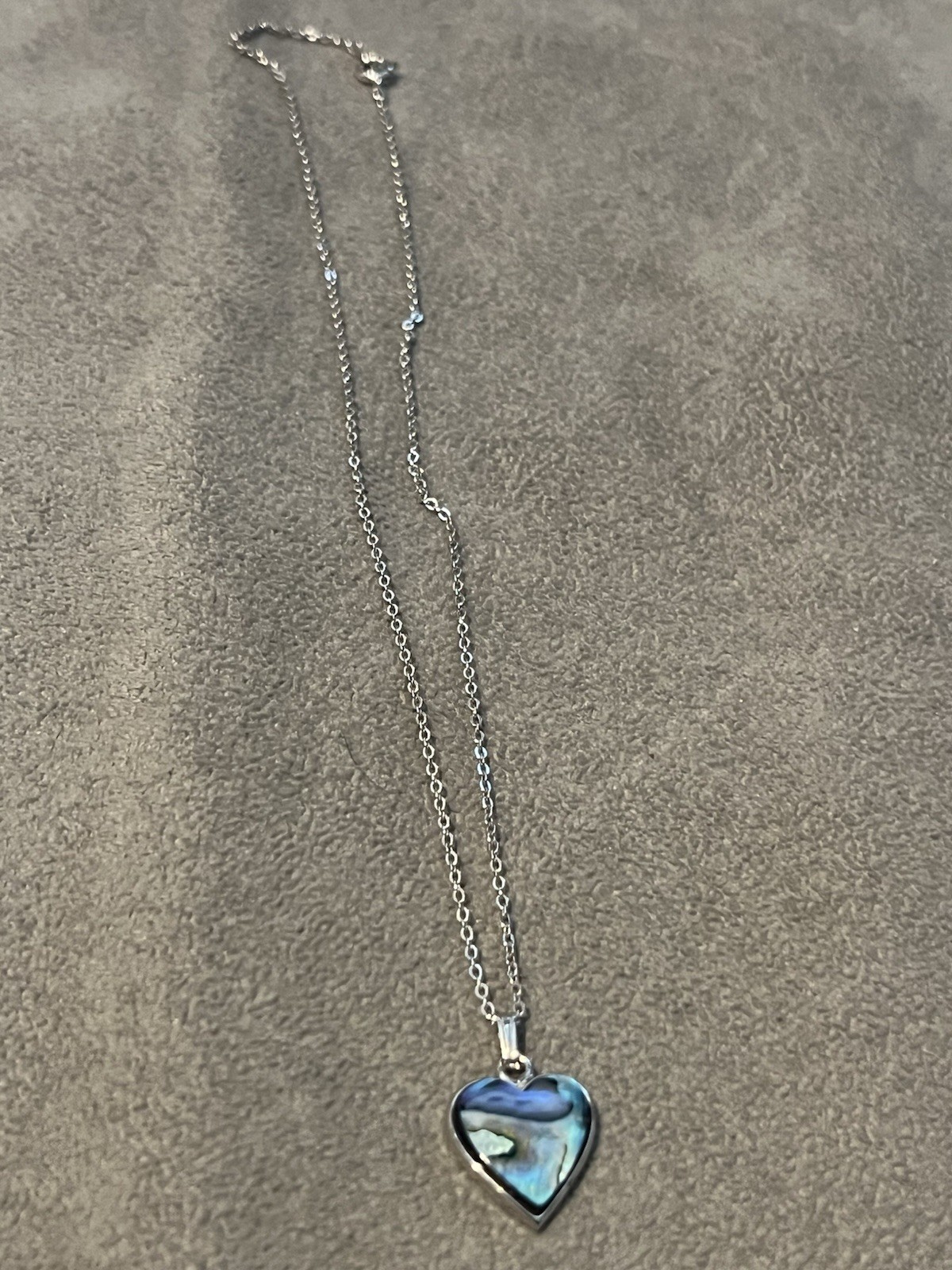 SN Stamped Abalone Silver Tone Necklace Heart Pendant Mermaid Shell Blue Green