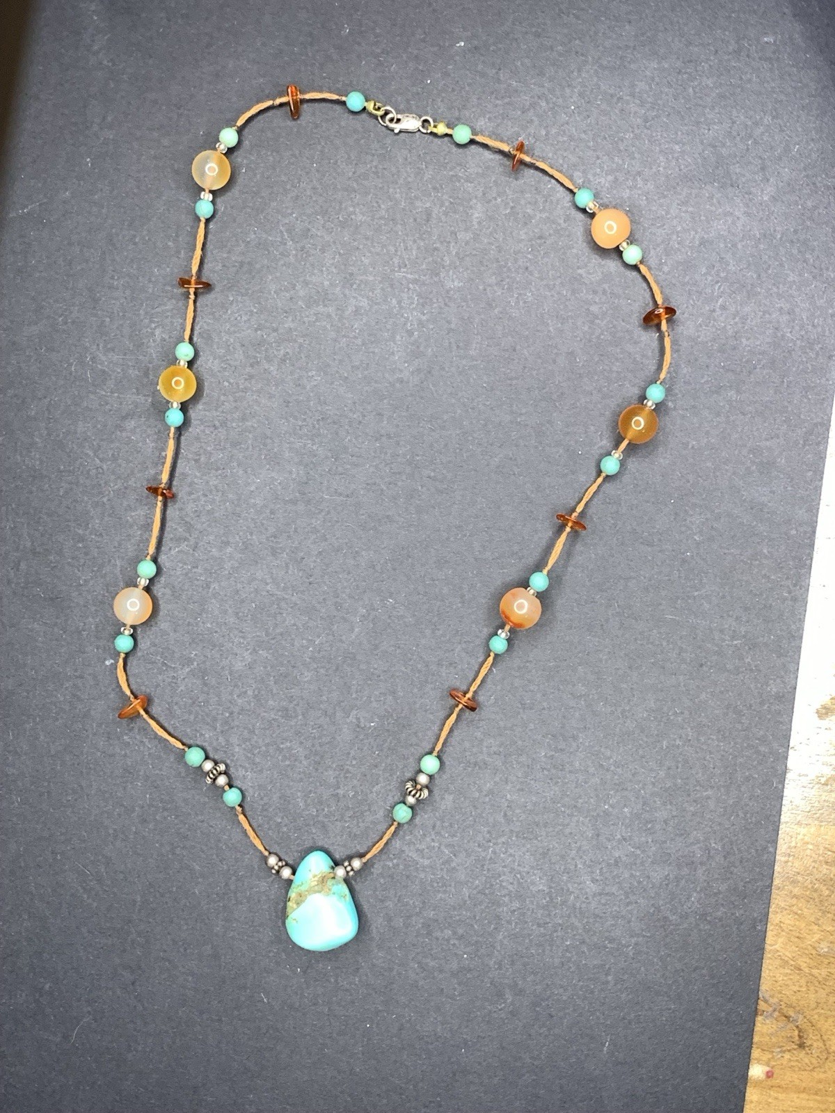 Genuine Turquoise Necklace Real Amber Beads Southwestern Pendant