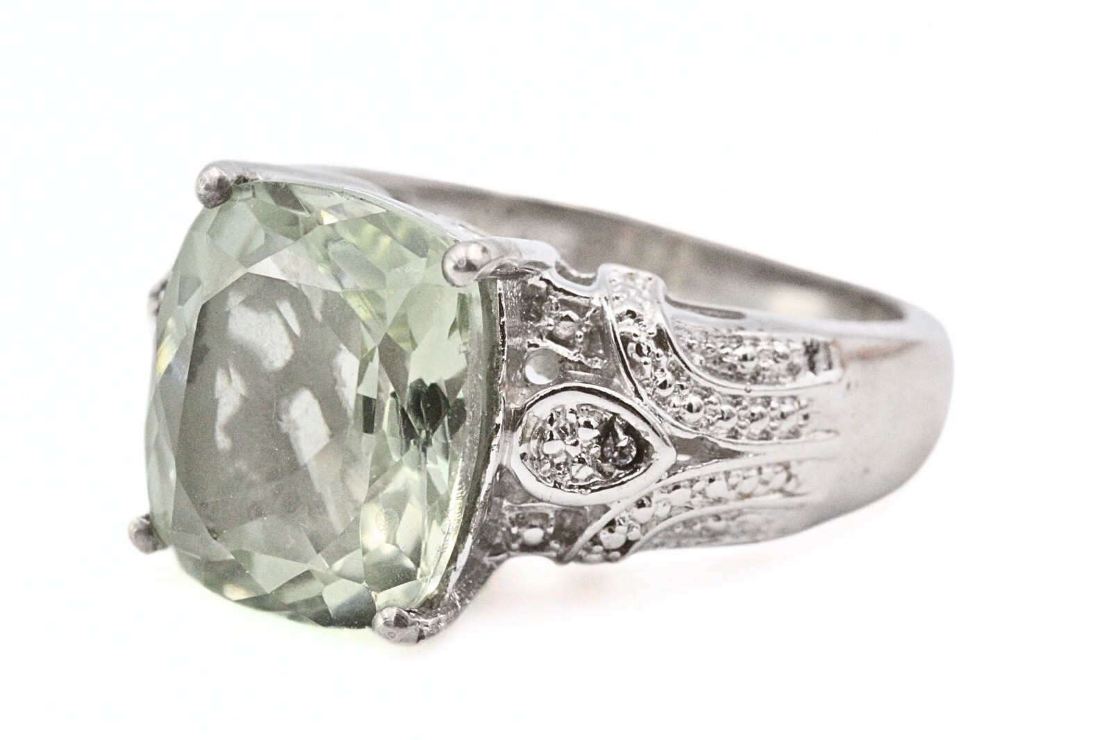 Karis STS Signed Rhodium Plate Contemporary Faceted Prasiolite Ring Sz 7