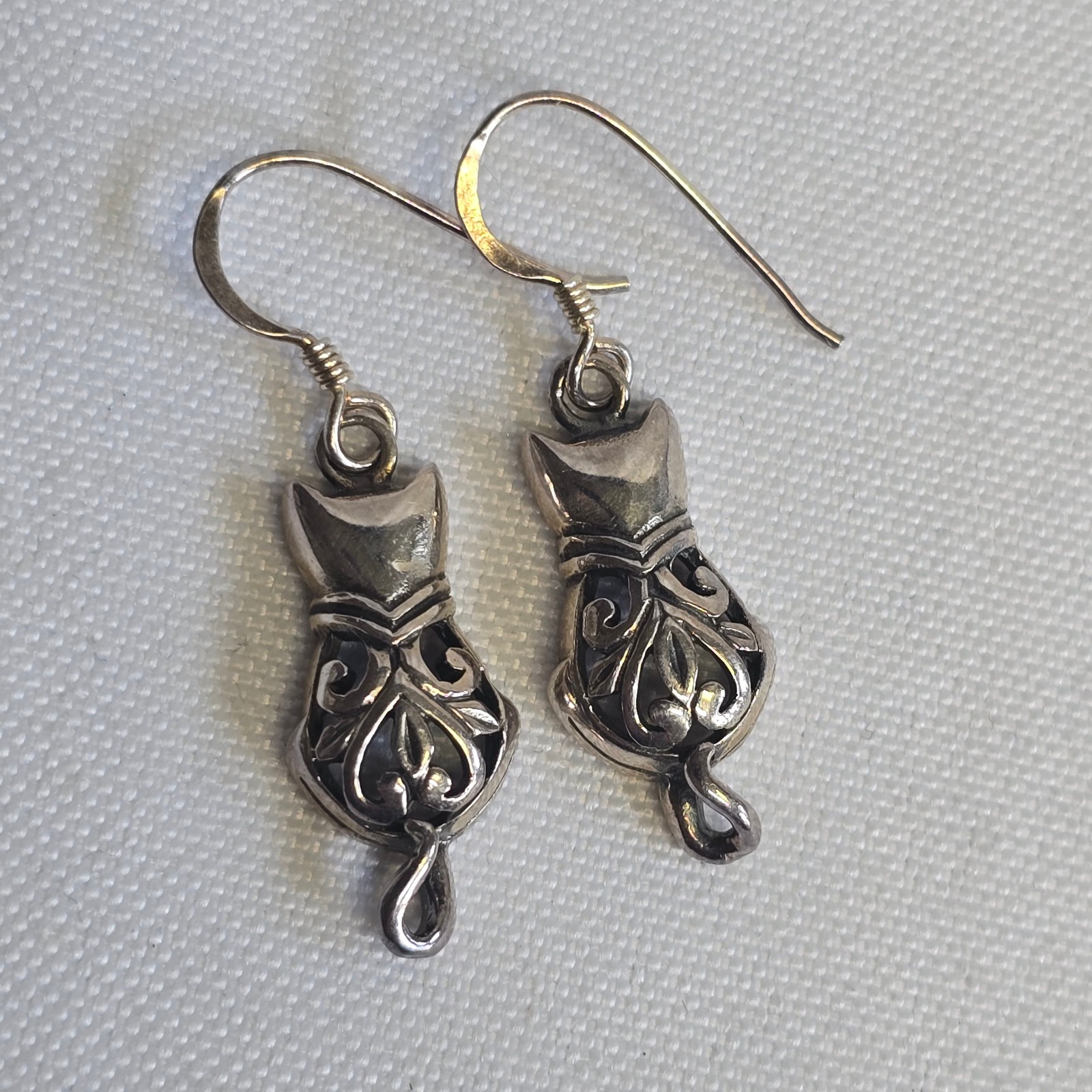 Sterling Silver Earrings 3.94g Fine Jewelry Figural Cat Dangle Hook