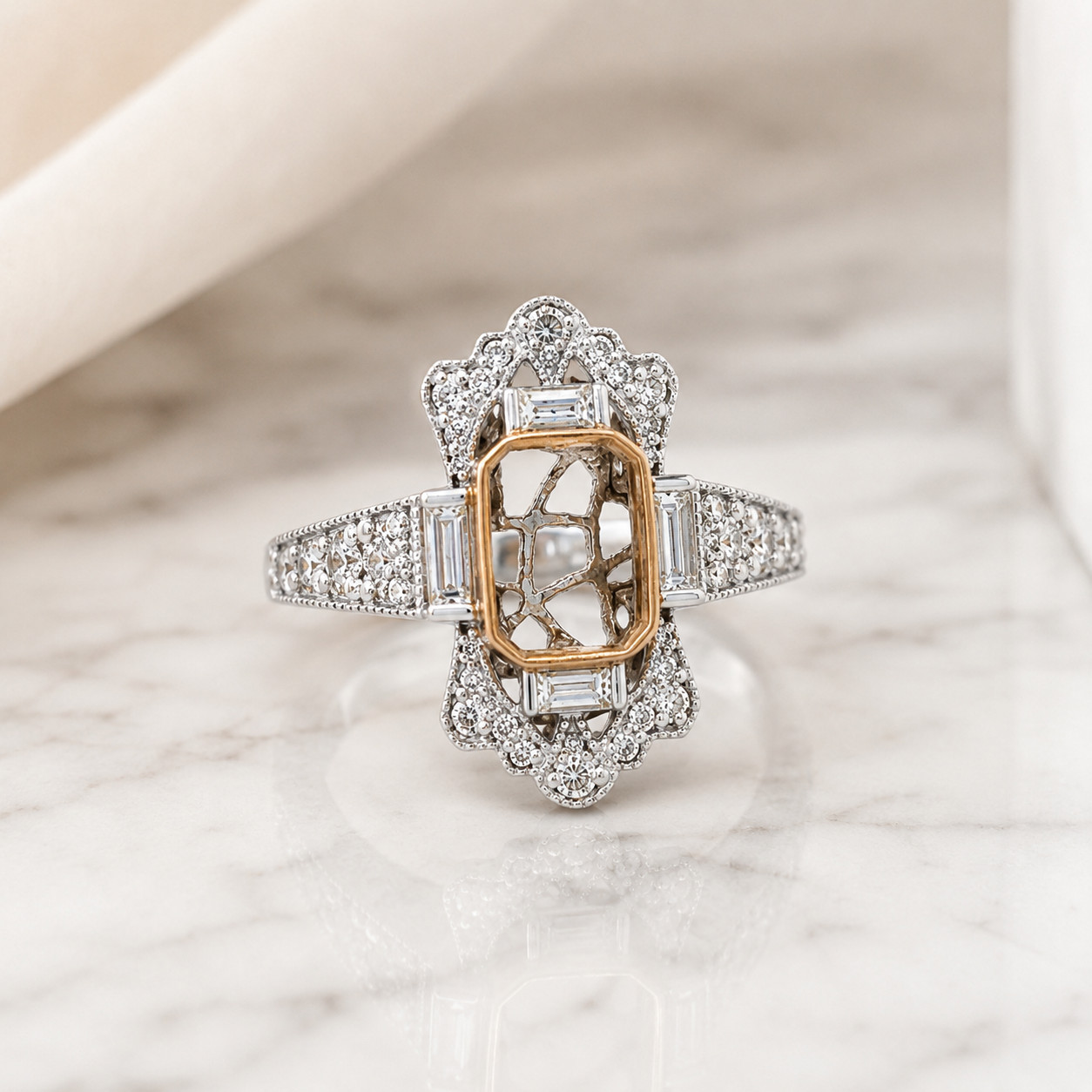 Semi-Mount Art Deco Ring with 0.82 cttw Natural Diamond, Solid 14K White Gold