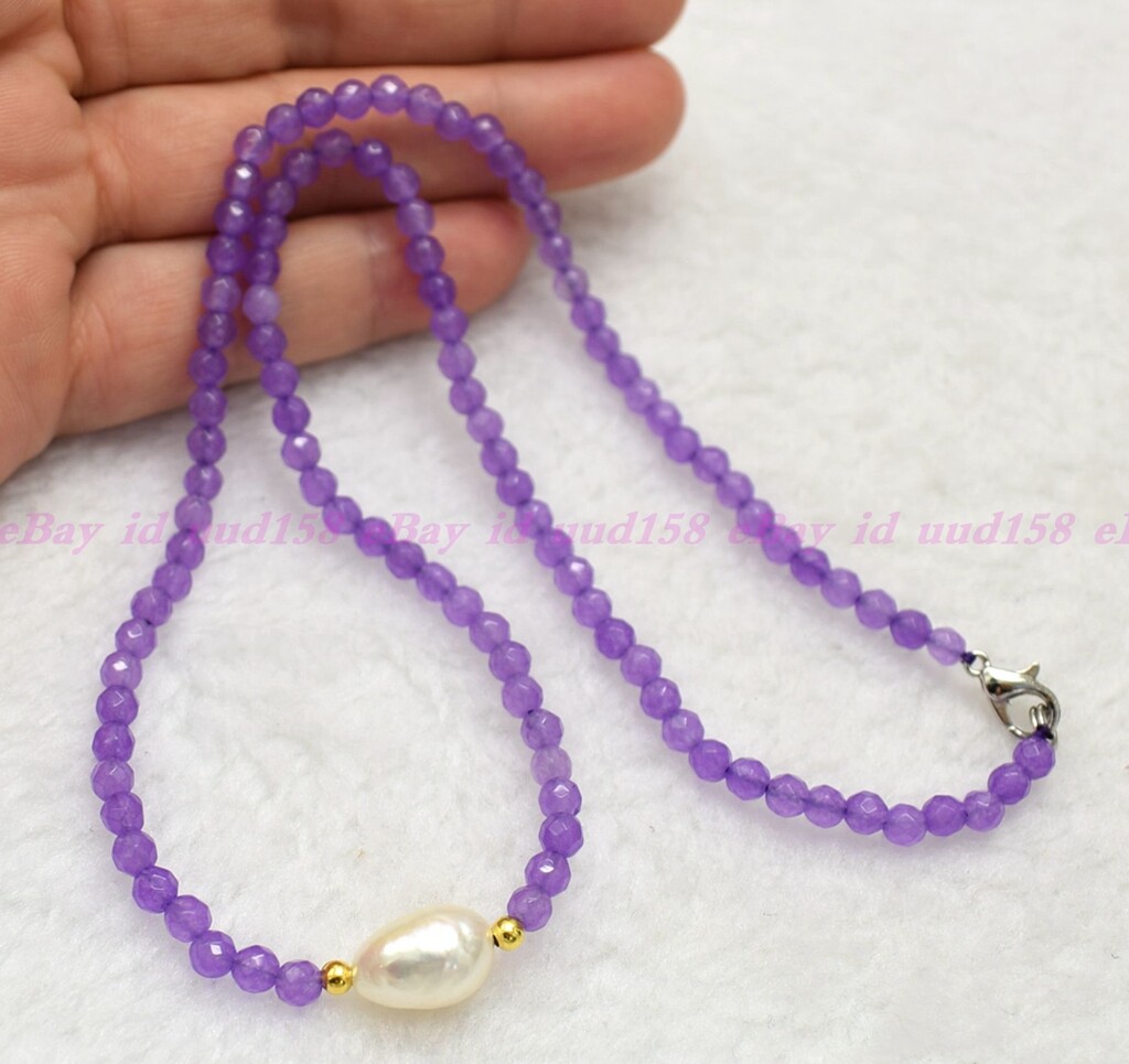 Natural Faceted 4mm Lavender Red Jade Roundelle Gems White Pearl Necklace AAA