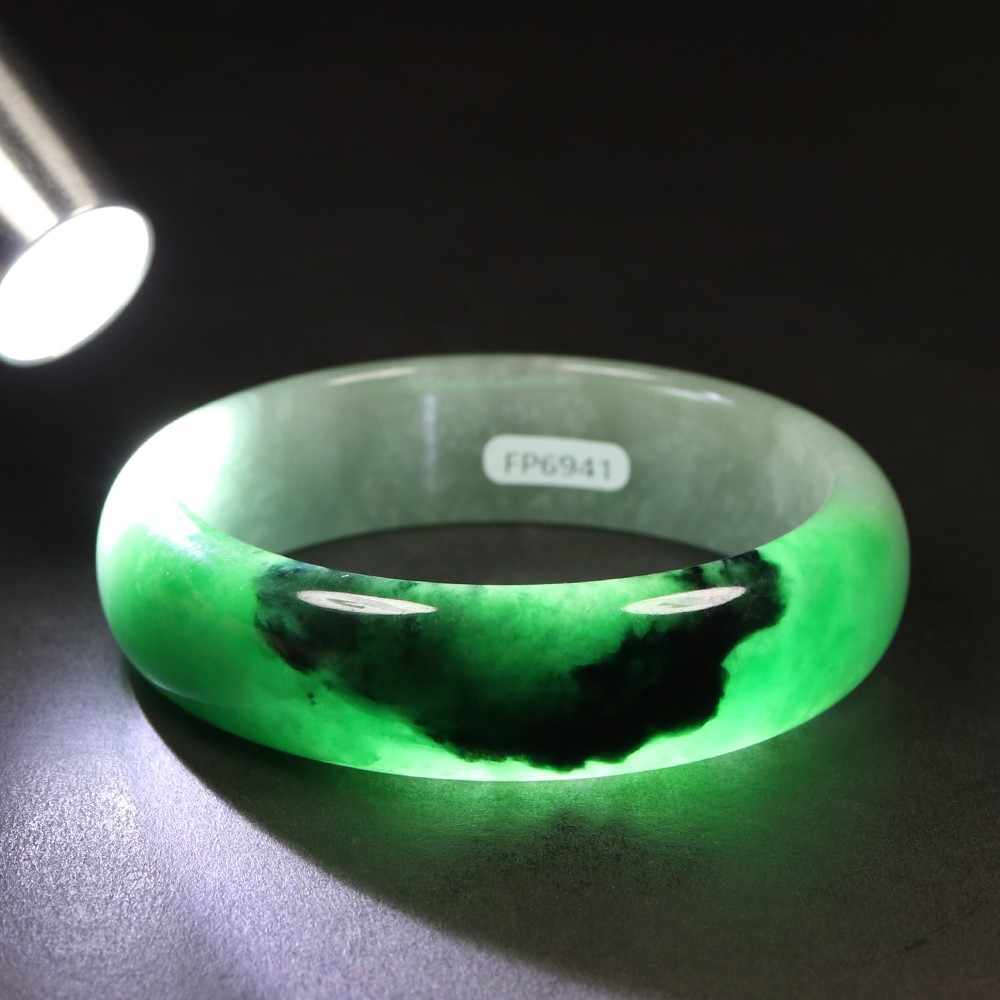 61mm Black Emerald Green Jadeite Jade Bangle Bracelet Burma Jade Bangle A-13935