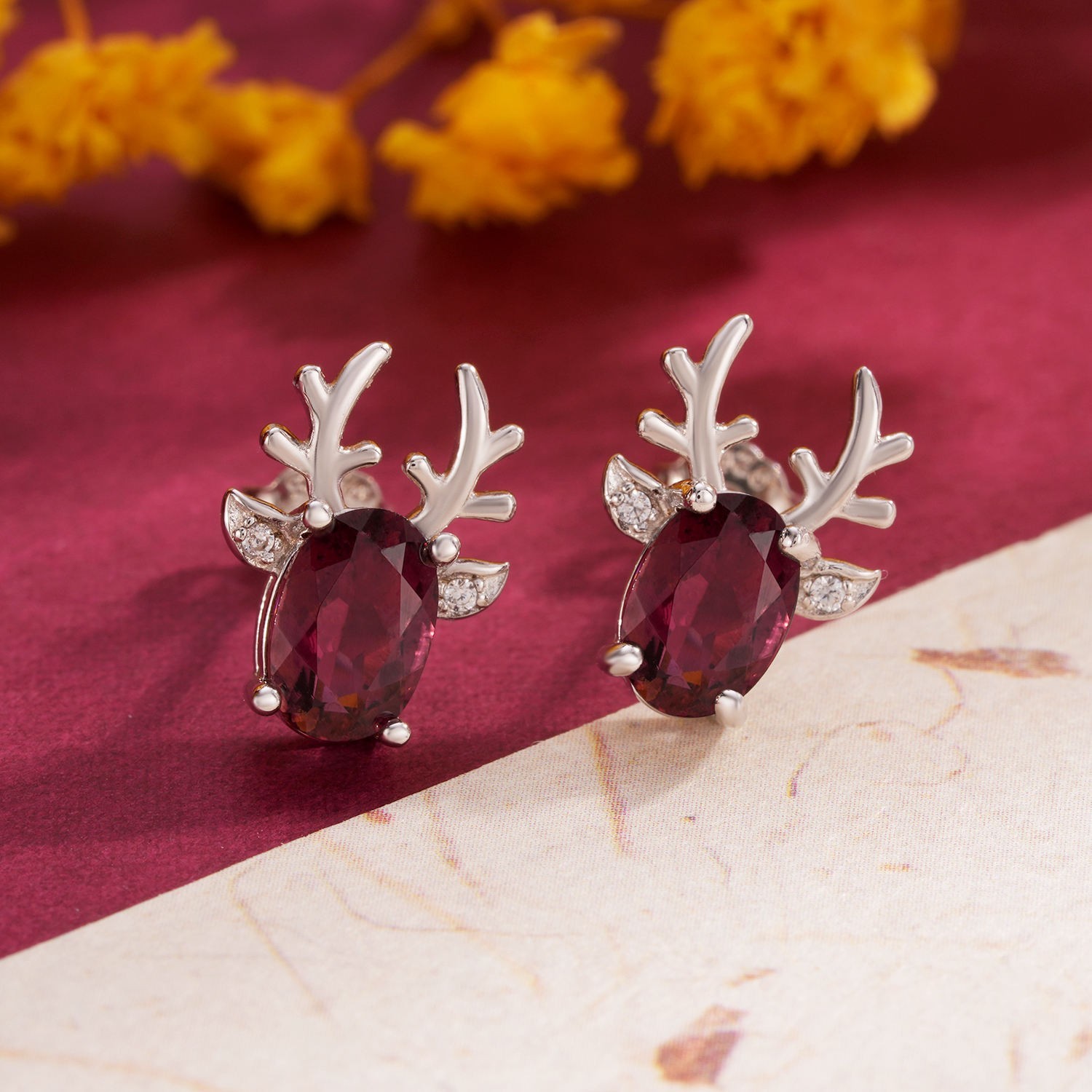 Lab Created 925 Sterling Silver Oval Ruby Deer Stud Earrings Reindeer Women Gift