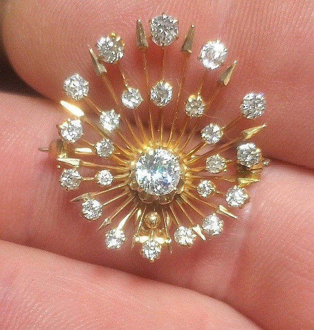 Natural Diamond Sunburst Brooch Pin Pendant 18k Yellow Gold