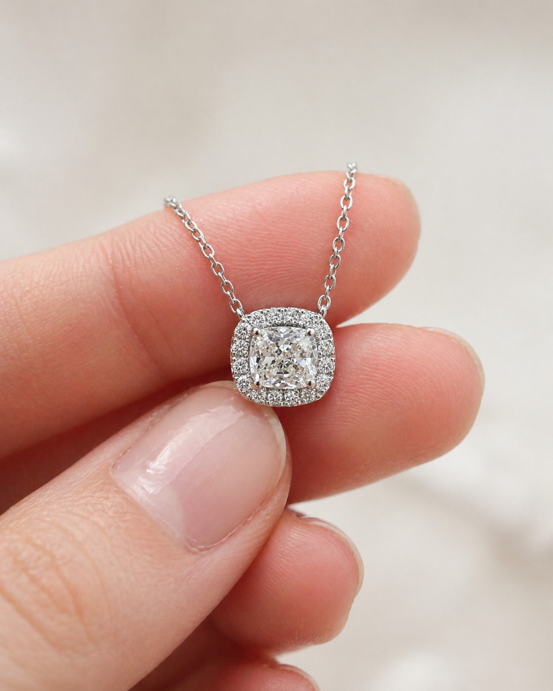 Natural Radiant Cut Diamond Halo Pendant 18KT White Gold