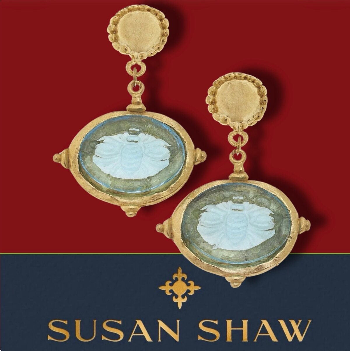 Susan Shaw Earrings Venetian Glass Intaglio Bee Cab 24K TPG Jewelry Gift