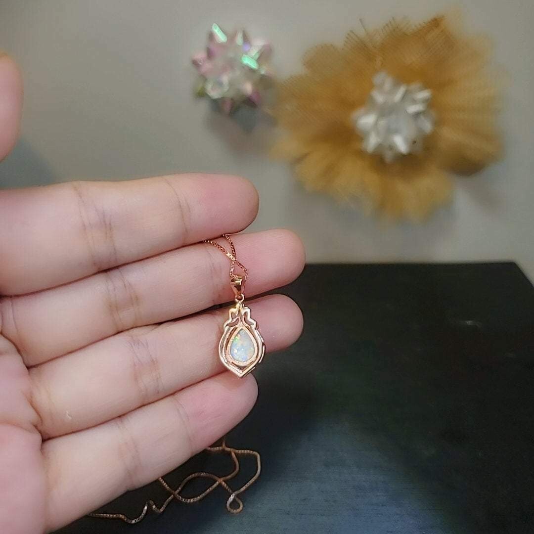 2Ct Pear Cut Fire Opal Teardrop Pendant Necklace Free Chain 14K Rose Gold Finish